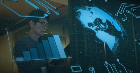 Poster - Animation of graphs, globe over asian engineer using digital tablet and checking data servers