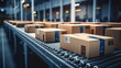 © Mickael - Closeup of multiple cardboard box packages seamlessly moving along a conveyor belt in a warehouse fulfillment center, a snapshot of e-commerce, delivery, automation, and products. Generative ai