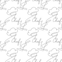 Vector Seamless Pattern. Chef Knife, Cleaver, Hat. Line Continuous Drawing, Text Lettering Background. Kitchen Outline Backdrop, Cooking Wallpaper, Fabric, Textile, Print, Cafe, Menu, Shop Brochure.