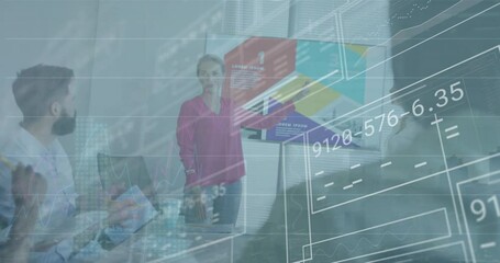 Poster - Animation of graphs, loading bars and circles, diverse manager explaining strategy to coworkers