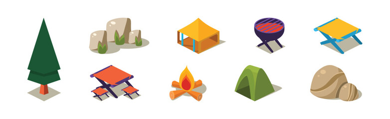 Wall Mural - Isometric Camping Object and Adventure Elements Vector Set