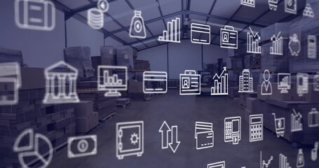 Aufkleber - Animation of multiple icons over cardboard boxes in warehouse