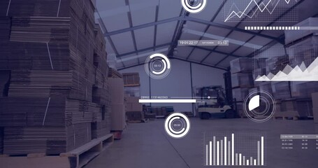 Aufkleber - Animation of multiple graphs with loading bars and circles, changing numbers over warehouse