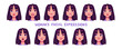 Woman character face emotion cartoon vector set. Happy, sad, angry and smile different female person feeling avatar illustration. Various brunette hair teenager mood expression. Comic user head