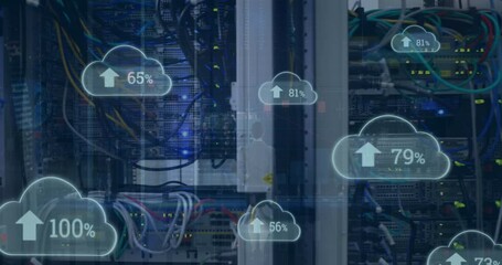Poster - Animation of arrow and changing numbers in clouds over data server racks in server room