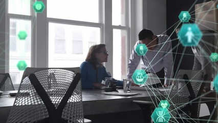 Poster - Animation of connected icons forming globes, diverse coworkers analyzing blueprint in office