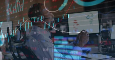 Poster - Animation of graphs, trading board, african american customer representative talking with customer