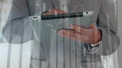 Poster - Animation of multiple graphs with changing numbers, midsection caucasian man using digital tablet