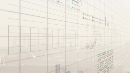 Poster - Animation of graphs and trading boards over aerial view of modern cityscape