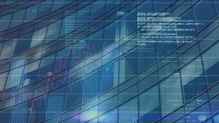 Poster - Animation of graphs, changing numbers, binary codes and computer language over modern building