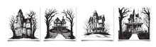 Scary House Silhouette Sketch. Mystical House With Monsters And Ghosts For Halloween. Creepy House. Vector Illustration For The Store. The Tattoo Is Isolated On A White Background.