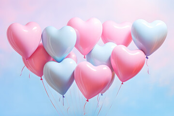 Wall Mural - Pink heart shape balloons isolated on blue background