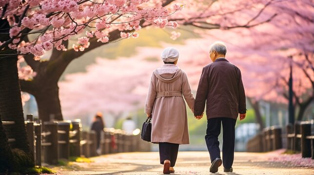 シニアと散歩、春の桜道を歩く日本人夫婦の後ろ姿