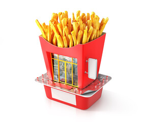 Wall Mural - Fast food concept. Store in form of fried potato box with sauce. 3d illustration