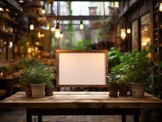 Wall Mural - Wooden frame with white board, plants around the table