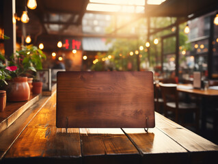 Wall Mural - Wooden blank sign on table in a restaurant