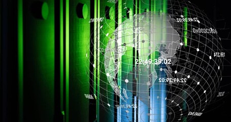 Poster - Animation of changing numbers over rotating globe over server room