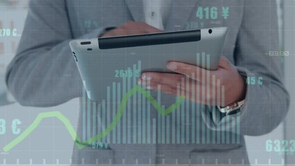 Poster - Animation of graphs, changing numbers and currency symbols, caucasian man using digital tablet