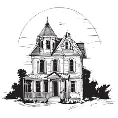 scary house silhouette sketch. mystical house with monsters and ghosts for halloween. creepy house. 