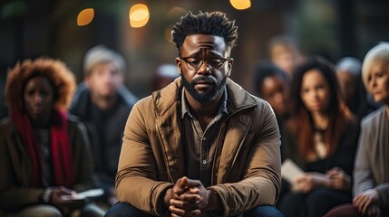 Canvas Print - homme triste, anxieuse et déprimée lors d'une réunion d'un groupe de soutien pour les problèmes de santé mentale et d'addiction dans un espace communautaire anonyme.