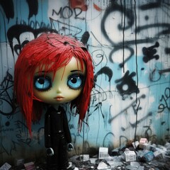 Wall Mural - Distressed mixed-media crafted doll with red hair fused with matching urban wall with graffiti and paint splash in a derelict urban street, great fine art album cover that is unusual - generative AI