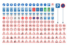 Traffic Signs Collection. Signs Of Danger, Mandatory, Obligations And Alerts. Supplementary And Routing Table. Temporary Traffic Signs. Vector.
