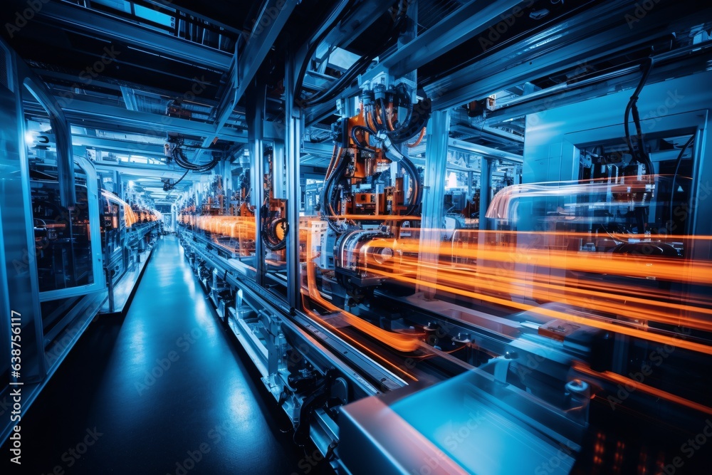 state-of-the-art manufacturing line, bathed in cool metallic blue tones ...