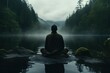 Man in meditation, sitting in the lotus posture in front of a lake. Generated with AI