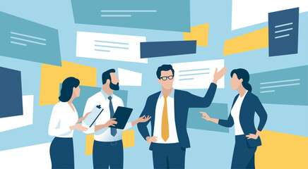 Discussion. An argument. People stand, discuss and point to messages floating in the virtual space around the table. Vector concept illustration.