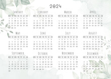 2024 Calendar Watercolor, Abstract, Pastel, Flower, Green Leaf, Eucalyptus Theme - Monday Start