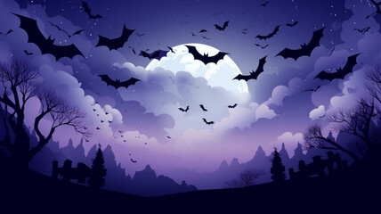 Halloween night - Spooky Moon in cloudy sky with bats, scary