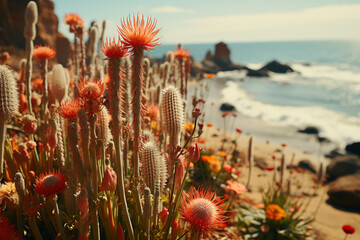 Poster - a close up image of a handful of large cactus plants on a beach, in the style of elongated figures, light-filled landscapes, tomàs barceló, primitivist,  Generative AI technology.