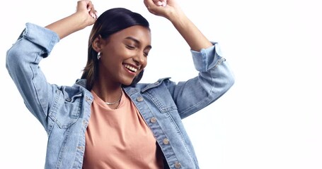 Poster - Happy, dance and face of Indian woman in celebration on white background in studio backdrop with freedom at party. Dancing, portrait and excited model celebrate happiness, smile and feeling the music