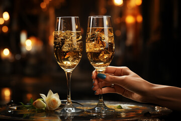 Poster - A close-up shot of hands holding a glass of bubbly champagne, capturing the elegance and glamour of New Year's festivities.  Generative AI technology.