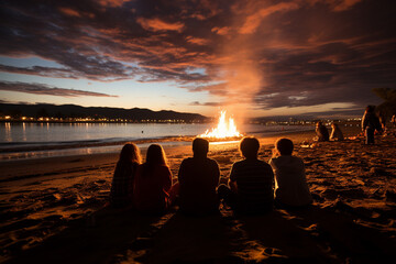 Leinwandbilder - A group of friends gathered around a bonfire on a beach, watching fireworks explode above the ocean as they count down to midnight.  Generative AI technology.
