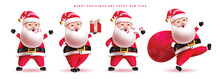 Christmas Santa Claus Characters Vector Set Design. Santa Claus Character Happy Smiling Mascot Holding Xmas Gift Sack Isolated In White Background. Vector Illustration Holiday Season Santa Claus 