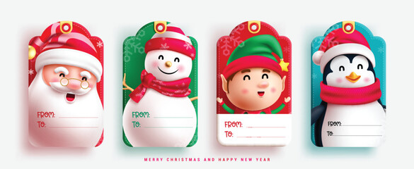 Poster - Christmas characters tags vector set design. Christmas gift tag with santa claus, snowman, reindeer and penguin character for season dedication card. Vector illustration xmas seasonal gift tags.
