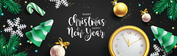 Wall Mural - Merry christmas text vector design. Christmas greeting card with pine tree, snowflakes, clock and xmas balls decoration elements. Vector illustration elegant greeting card.
