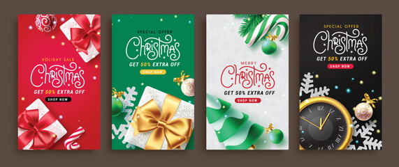 Wall Mural - Christmas sale  vector set poster design. Christmas holiday sale with  special offer text for shopping discount card collection. Vector illustration xmas season promotion.
