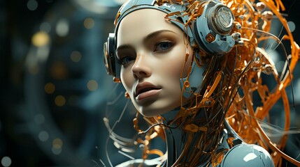 Poster - The face of a cyborg robot woman, a mixture of human and computer artificial intelligence. 