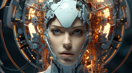 Poster - Connection of human woman and artificial intelligence robot. The concept of merging a person and a computer with neural networks in the future. 