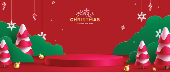 Wall Mural - Christmas podium vector design. Merry christmas and happy new year greeting text with pine tree and paper cut grass stage decoration. Vector illustration product display background.
