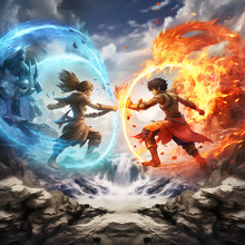 Epic Clash Between Anime Characters Who Harness The Power Of Different Elements (fire, Water, Earth, Air, Etc.). AI