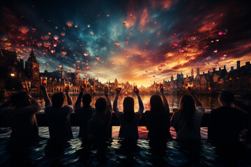 Poster - A group of friends raising their glasses in a toast, with fireworks lighting up the sky in celebration of the upcoming year.  Generative AI technology.