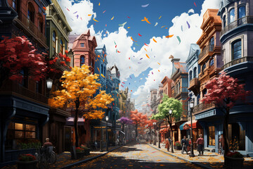 Poster - A bustling city street with vibrant storefronts and colorful banners announcing Black Friday sales,  Generative AI technology.