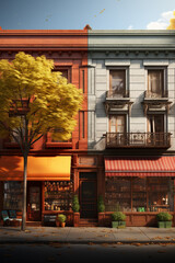 Poster - A split-screen image contrasting a traditional brick-and-mortar store with an online store, emphasizing the convenience of e-commerce.  Generative AI technology.