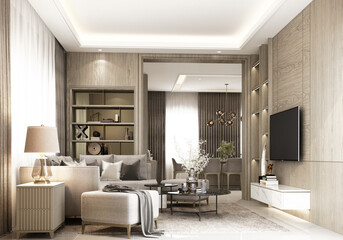 Wall Mural - interior design modern luxury style Decorated with marble and wood materials in an expensive style. Living area in front of the show house Decorated with props and home decorations. 3d rendering