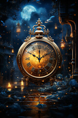 Aufkleber - An elegant clock striking midnight against a backdrop of twinkling stars,  Generative AI technology.