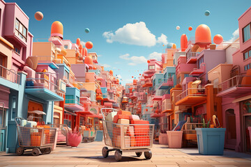 Poster - A composite image of shopping carts rolling through a virtual landscape of discounted products, Generative AI technology.