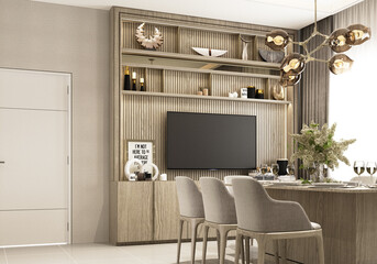 Poster - interior design modern luxury style Decorated with marble and wood materials in an expensive style. dining area in front of the show house Decorated with props and home decorations. 3d rendering